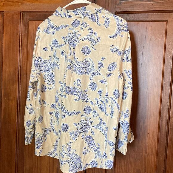 Belle by Kim Gravel True Blue Popover Tan Linen Rayon Blend Collared Blouse M - Picture 2 of 8